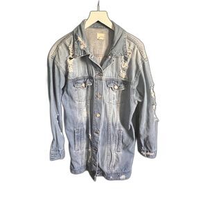 Caution to the Wind Long Oversized Distressed Jean Jacket Size Medium